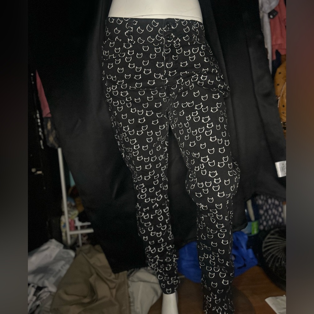 Cat Print Black Patterned Pants